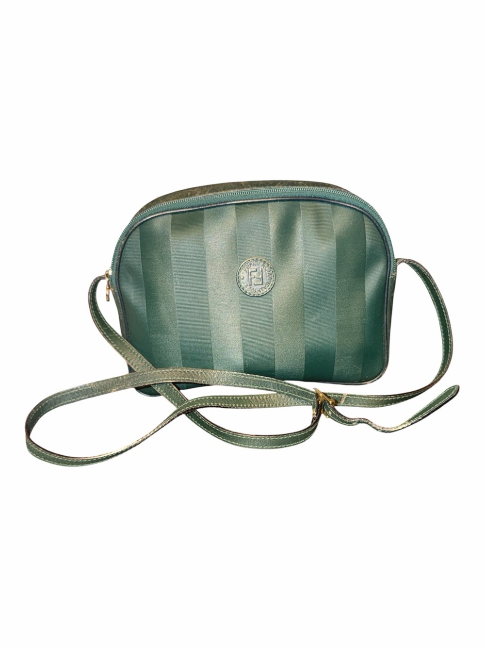 Vintage Fendi Green Pequin Striped Coated Canvas Crossbody Camera Bag